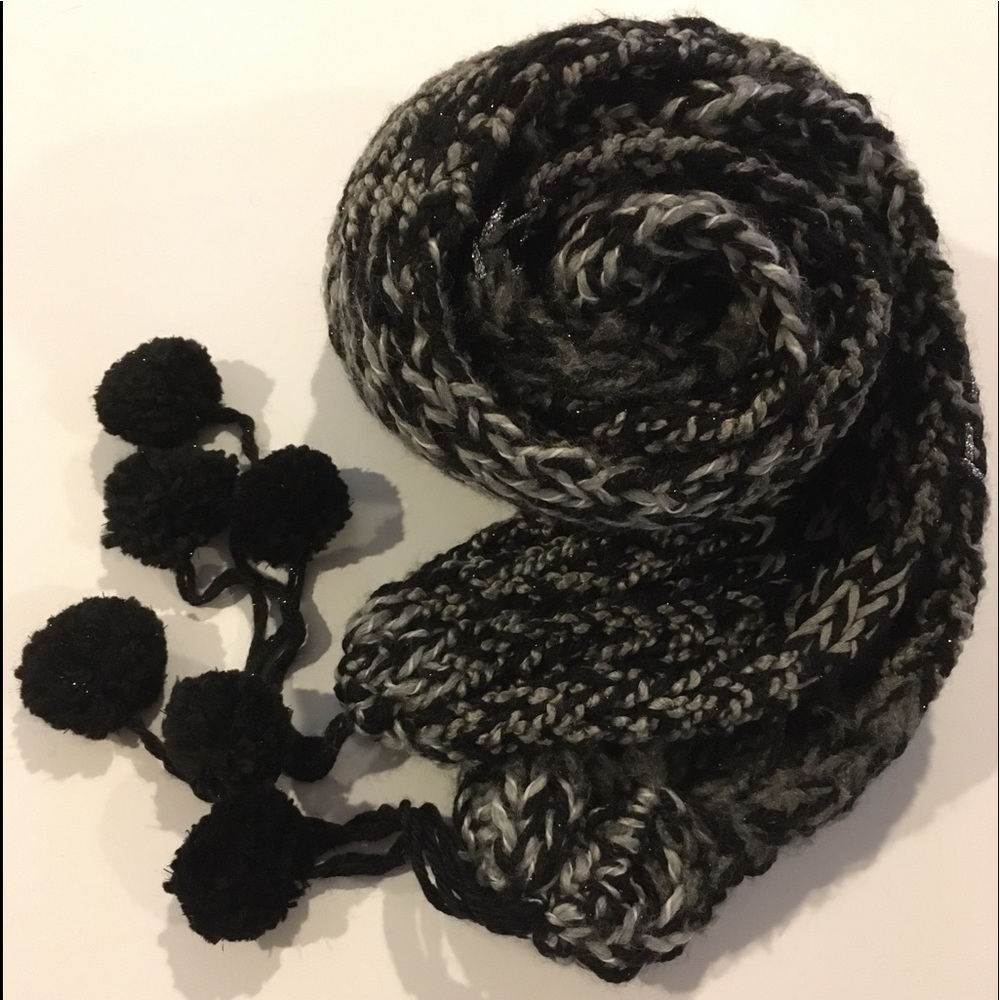 “Abigail English” Long B&W Pom-Pom Scarf